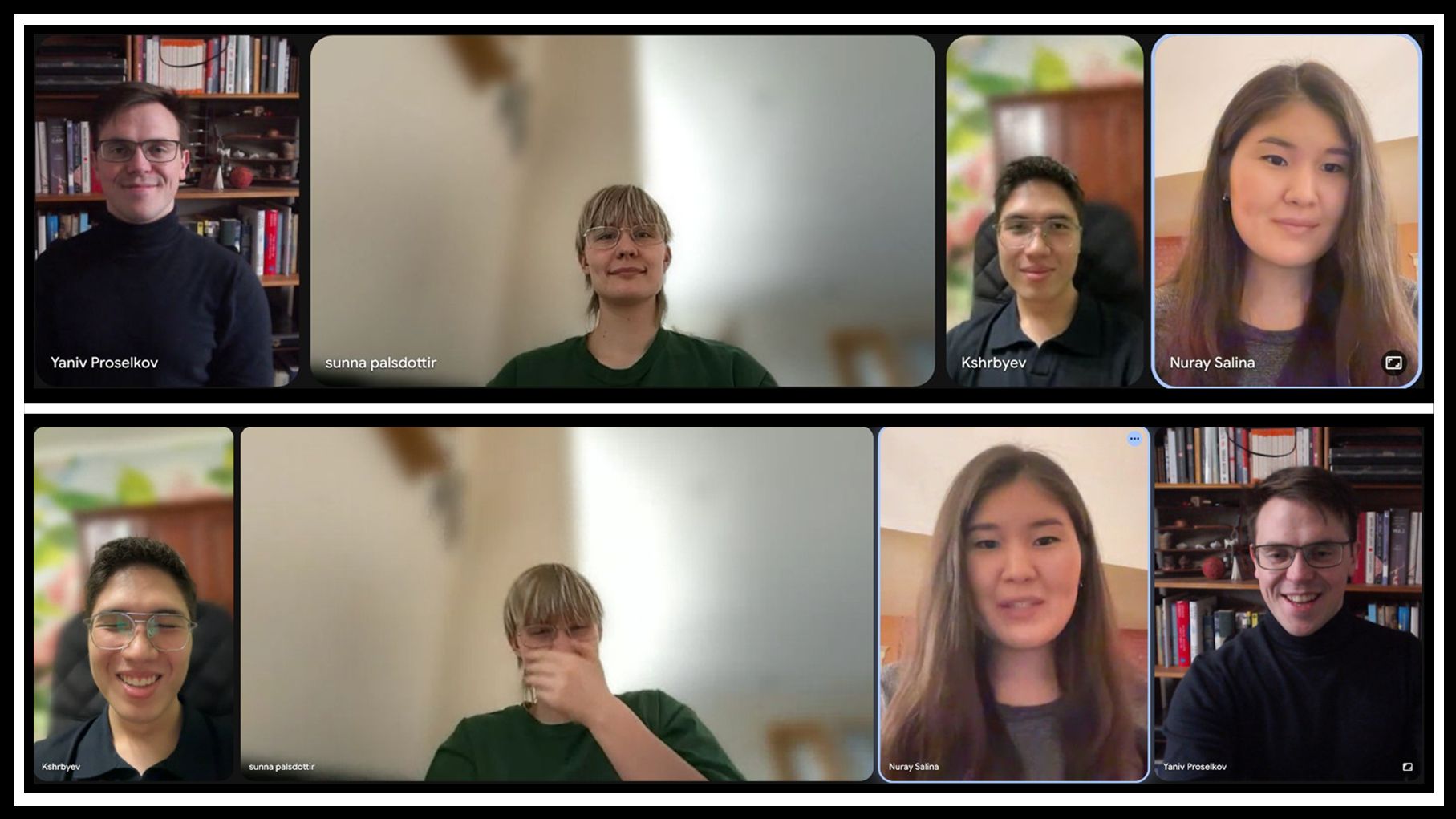 Venture Scholar Studio Cohort 0 video call: Yaniv Proselkov and Nuray Salina with students Sunna Pálsdóttir and Yersultan Kusherbay.